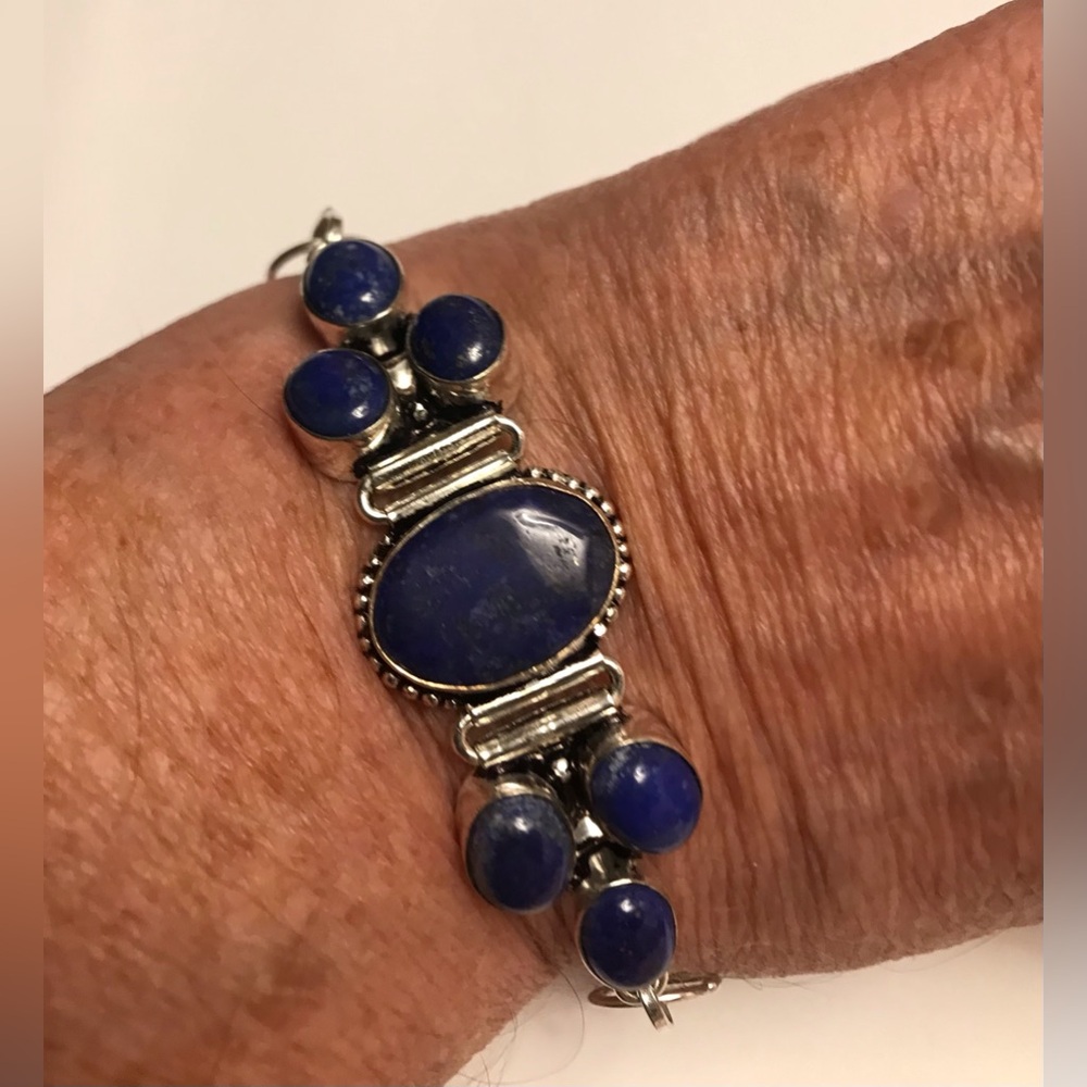 Lapis Lazuli Stamped Solid 925 Sterling Silver Bracelet